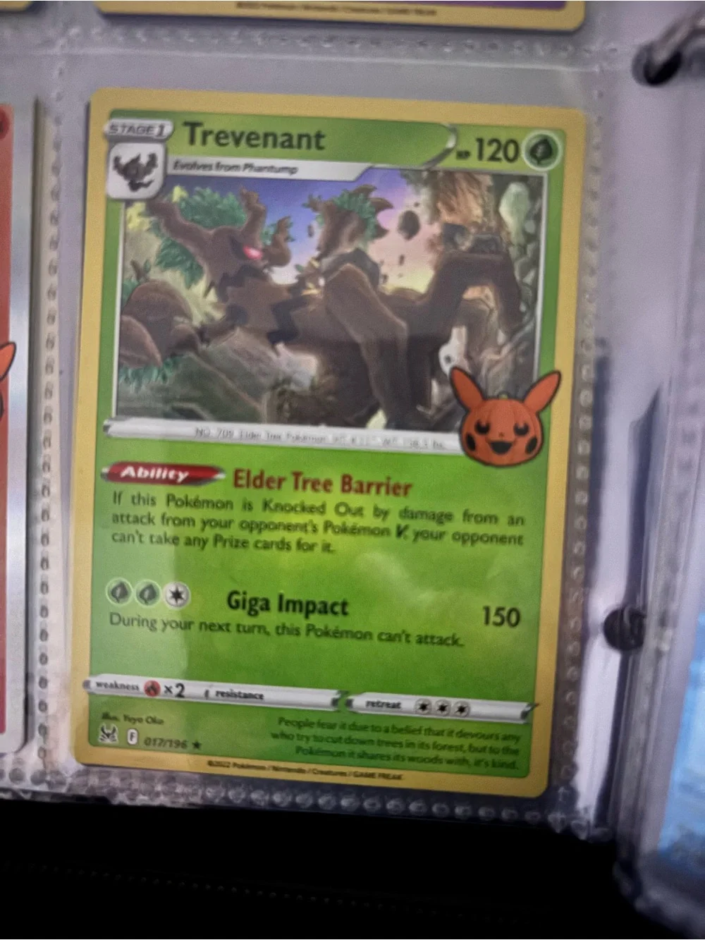Pokemon Trevenant Green Trading Card with Brown and Black Artwork